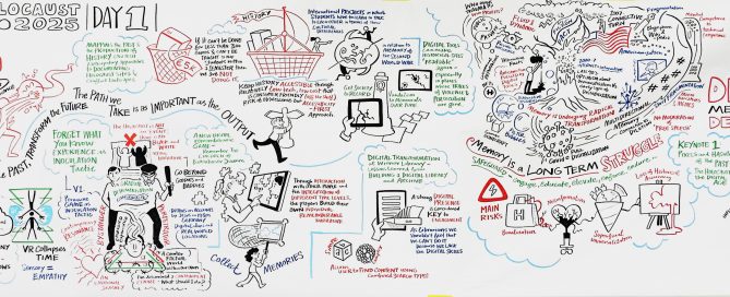 A large illustrated graphic recording from the Connective Holocaust Commemoration Expo 2025, featuring colorful sketches and text about digital memory, VR, and preserving Holocaust history.