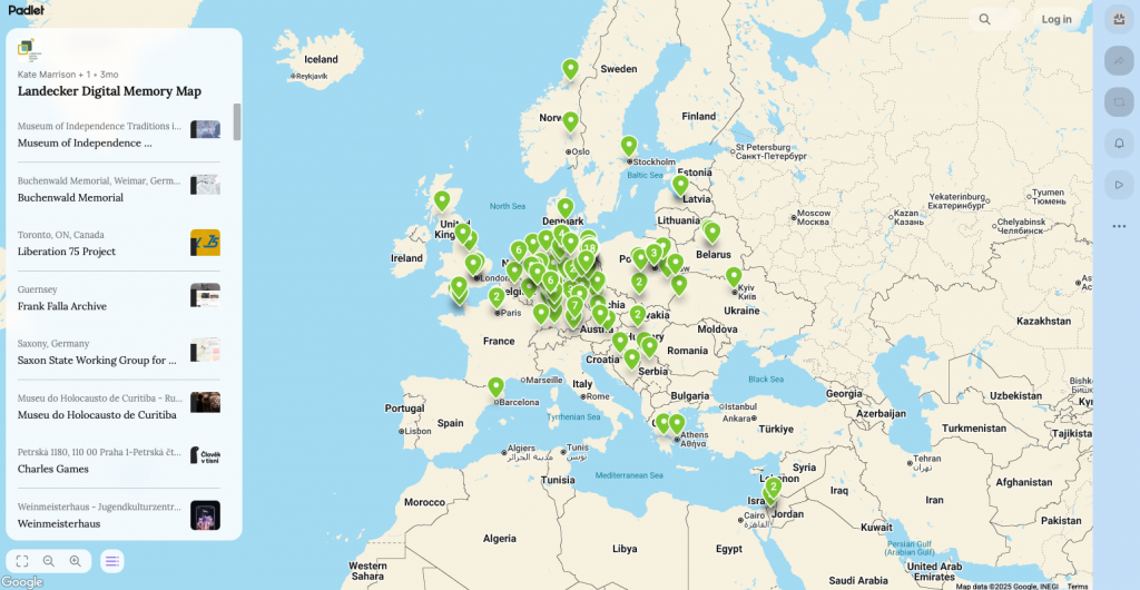 A digital map from Padlet titled ‘Landecker Digital Memory Map’ showing numerous green location markers across Europe and parts of the Middle East, each representing a Holocaust-related project or institution. 