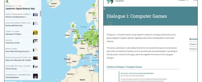 Split-screen image showing the Landecker Digital Memory Map with project locations on the left, and the Digital Memory Dialogues webpage titled ‘Dialogue 1: Computer Games’ on the right.