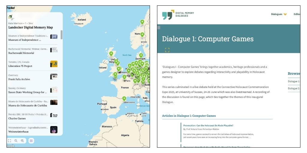 Split-screen image showing the Landecker Digital Memory Map with project locations on the left, and the Digital Memory Dialogues webpage titled ‘Dialogue 1: Computer Games’ on the right.