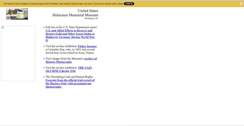 Archived version of the United States Holocaust Memorial Museum website, displaying a simple HTML layout with links to exhibitions, including Father Jacques and the Nuremberg Trials.