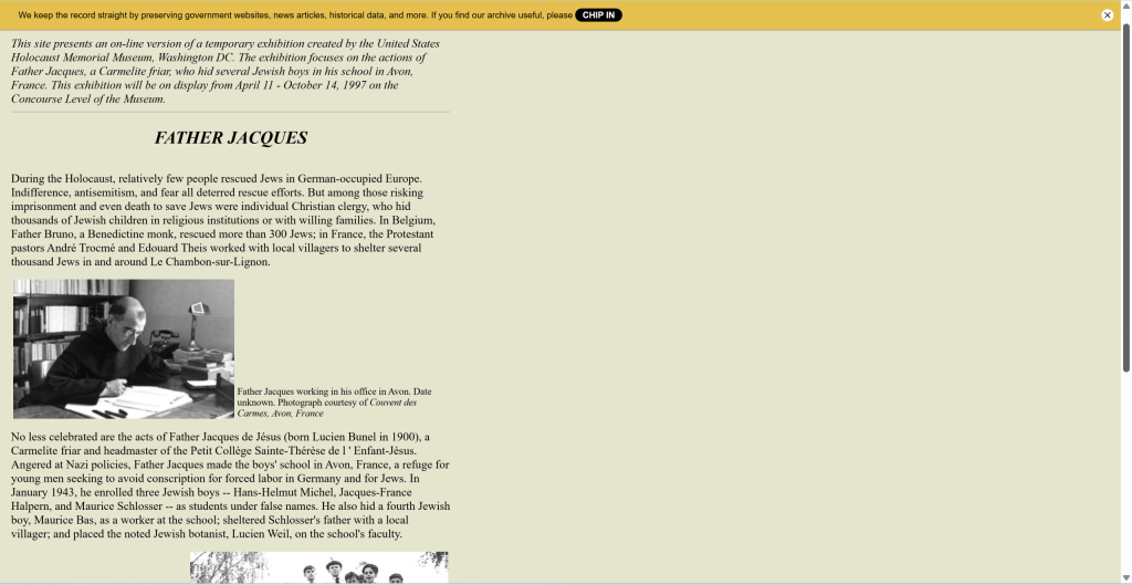 Archived webpage featuring a biography of Father Jacques, a Catholic priest who helped hide Jewish children during the Holocaust, with a photo of him reading at a desk.