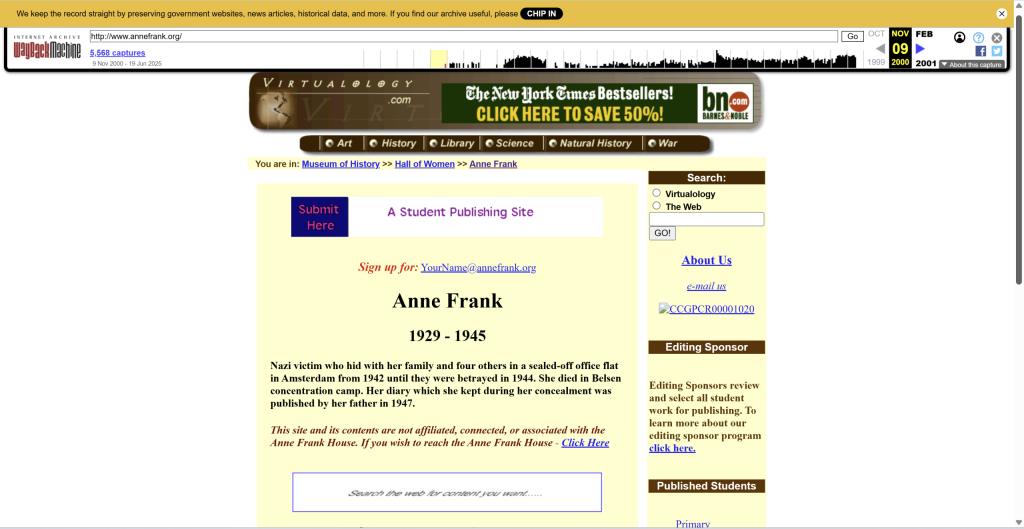 Archived educational website about Anne Frank, titled ‘A Student Publishing Site,’ featuring a short summary of Anne’s story and a comment box.
