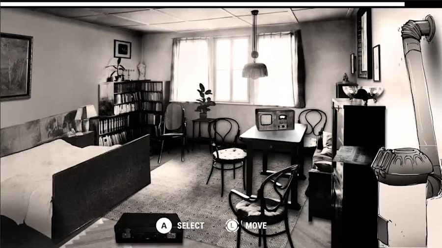 Stylized black-and-white image of a room, possibly a Holocaust-related digital experience, with game controls overlaid, showing an interactive scene with furniture and household objects.