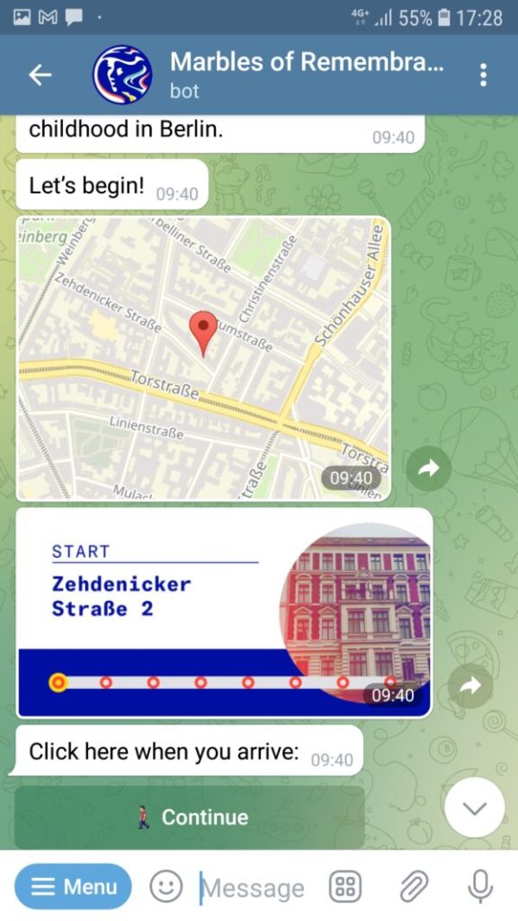 Screenshot of a Telegram bot titled ‘Marbles of Remembrance’ showing a map with a route to Zehdenicker Straße 2 and interactive prompts for users to click and continue.