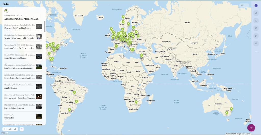 Digital map from Padlet labeled ‘Landecker Digital Memory Map’ showing green location markers across the globe, with a list of Holocaust-related memory projects on the left.