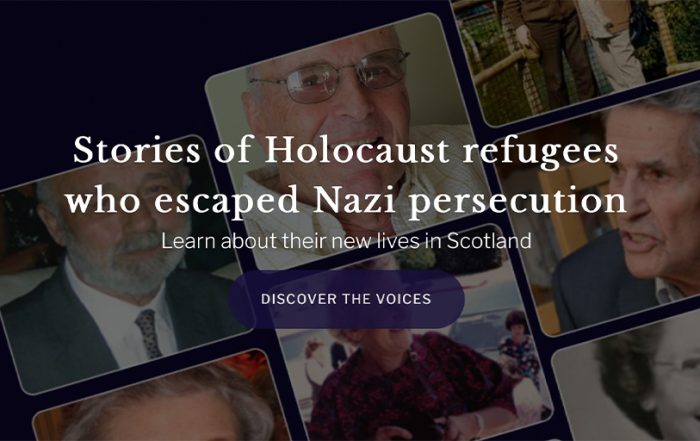 Digital banner featuring the text “Stories of Holocaust refugees who escaped Nazi persecution – Learn about their new lives in Scotland” overlaid on a collage of portraits of Holocaust survivors. A button labeled “Discover the Voices” is centered below the text. The background shows cropped images of elderly individuals, some smiling, suggesting personal testimony.