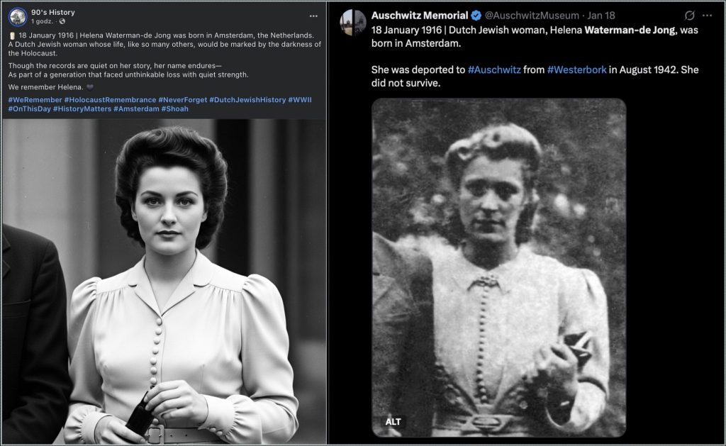 Side-by-side social media tributes to Helena Waterman-de Jong, a Dutch Jewish woman born in Amsterdam in 1916. The left post by '90’s History' features a stylized image of a woman in a 1940s outfit, while the right post by Auschwitz Memorial shares an archival black-and-white photo of Helena, noting her deportation to Auschwitz in 1942, where she did not survive.