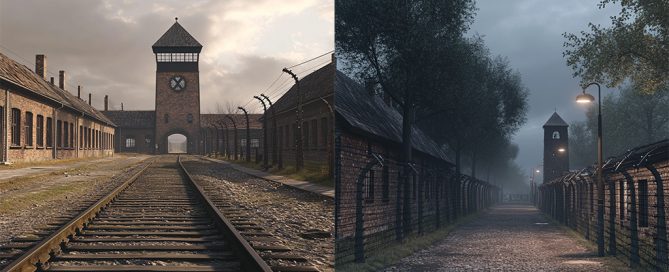 Two side-by-side digitally rendered images of Auschwitz concentration camp. The left shows train tracks leading to the main gate under a cloudy sky; the right depicts a dimly lit, foggy path flanked by barbed wire and brick buildings, with guard towers in the background.