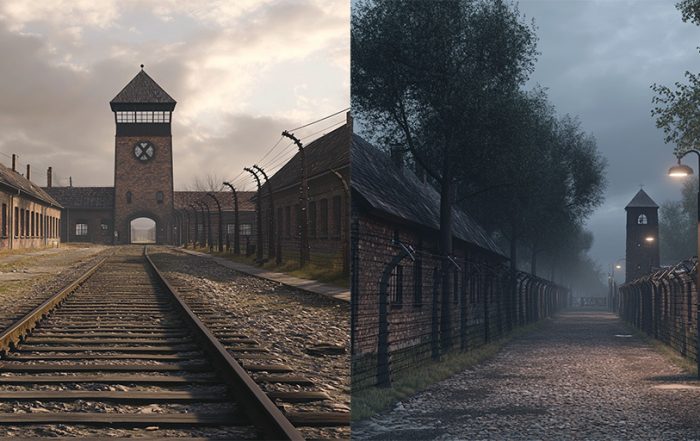 Two side-by-side digitally rendered images of Auschwitz concentration camp. The left shows train tracks leading to the main gate under a cloudy sky; the right depicts a dimly lit, foggy path flanked by barbed wire and brick buildings, with guard towers in the background.