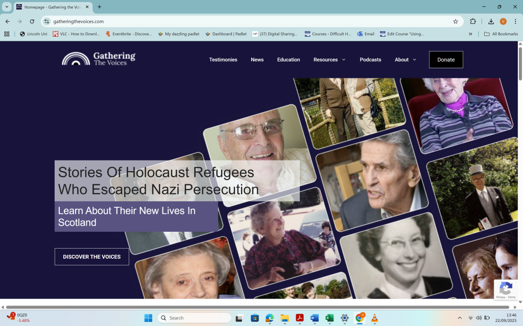 Homepage of the “Gathering The Voices” website, featuring a dark blue background with portraits of Holocaust survivors who escaped Nazi persecution. Overlay text reads “Stories Of Holocaust Refugees Who Escaped Nazi Persecution – Learn About Their New Lives In Scotland.” The site menu includes links to testimonies, education, and podcasts.