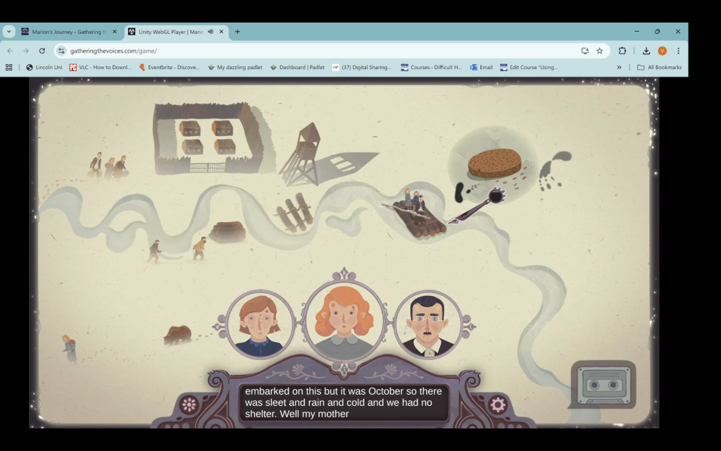 Screenshot from the educational game “Marion’s Journey” on Gathering The Voices, showing an illustrated river journey map with characters traveling past barbed wire fences and guard towers. Three illustrated figures—Marion and her parents—appear at the bottom. Caption at the bottom reads: “it was October so there was sleet and rain and cold and we had no shelter…”