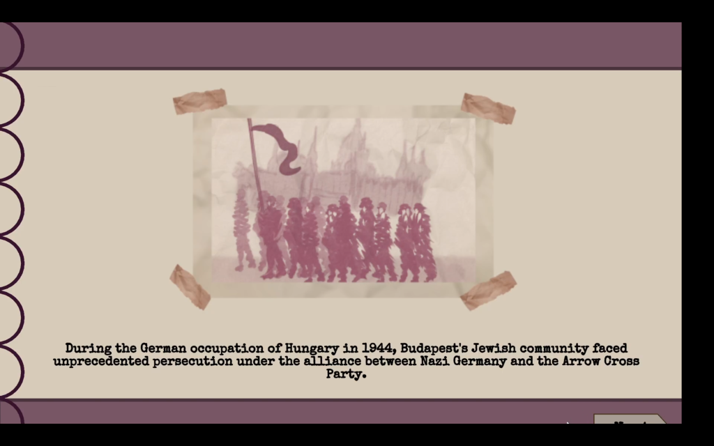 Stylized illustration of Jewish people marching under a flag, shown in faded maroon tones with a castle in the background. The text below reads: “During the German occupation of Hungary in 1944, Budapest’s Jewish community faced unprecedented persecution under the alliance between Nazi Germany and the Arrow Cross Party.”