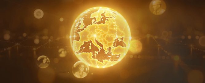 A glowing, golden digital globe centered on Europe and the Mediterranean region floats against a dark background. Light lines and orbs form a network, suggesting global digital connections. Around the globe, faded circular portraits of Holocaust-era individuals appear embedded in the design, symbolising remembrance and interconnected memory.