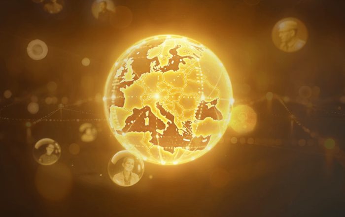 A glowing, golden digital globe centered on Europe and the Mediterranean region floats against a dark background. Light lines and orbs form a network, suggesting global digital connections. Around the globe, faded circular portraits of Holocaust-era individuals appear embedded in the design, symbolising remembrance and interconnected memory.
