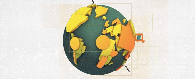 An animated globe with two little human figures standing on top and right bottom.
